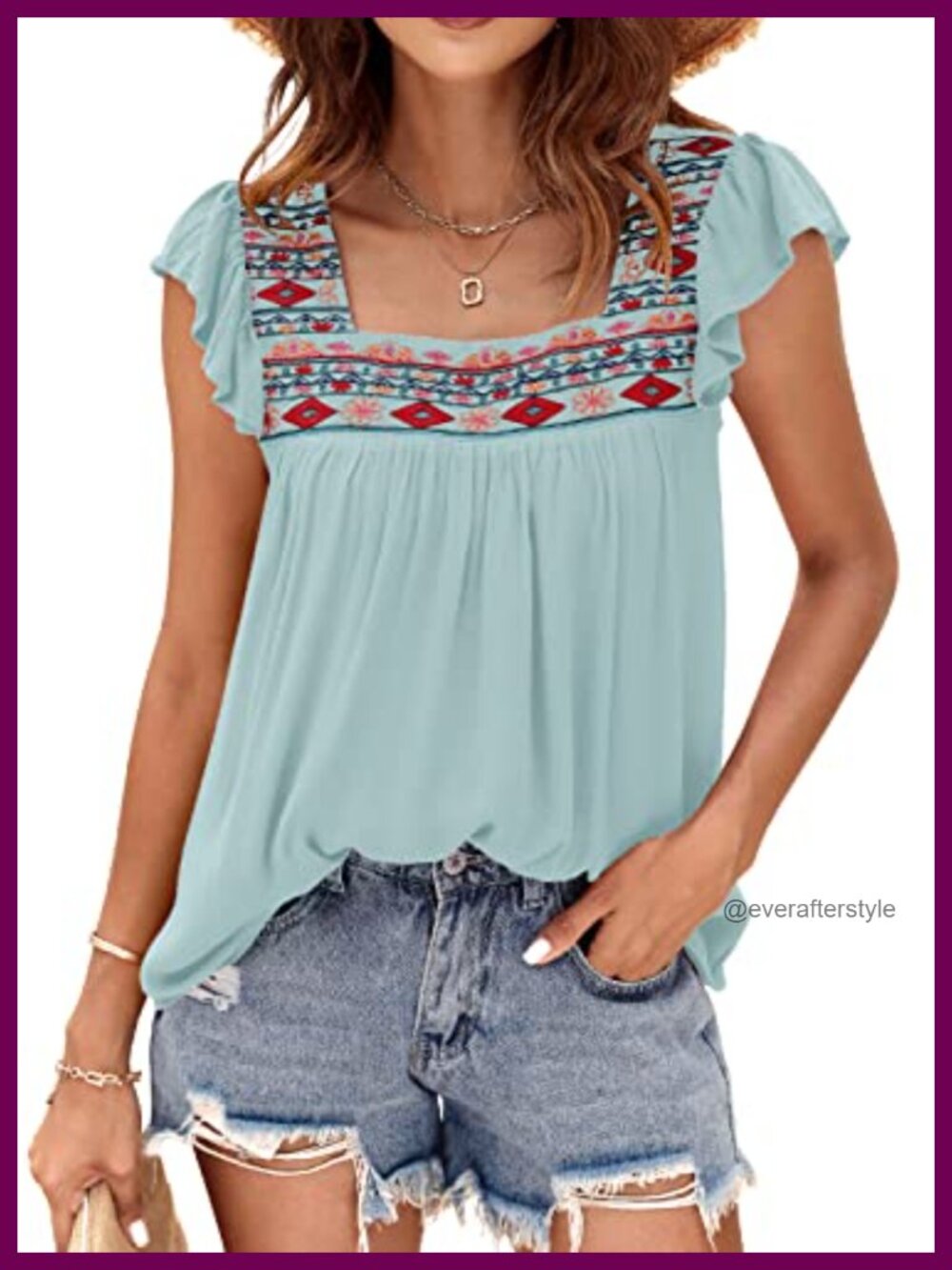 Womens Square Neck Embroidered Babydoll Peasant Top Ruffle Sleeve Flowy Blouse